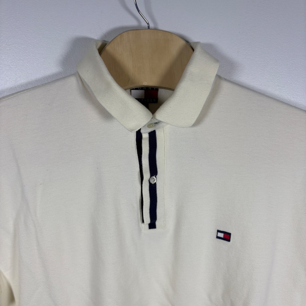 Tommy Hilfiger Mens XXL Cream Long Sleeve Pique Polo Shirt Flag Logo Vintage